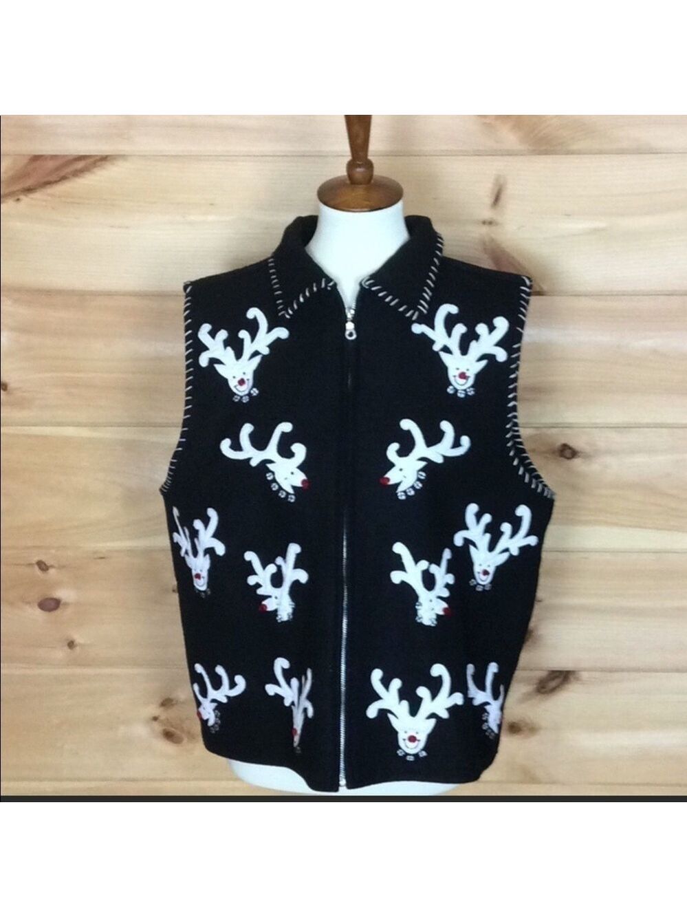 Vintage Life Style Black wool blend vest with reindeer for Christmas Size XL - Picture 5 of 9